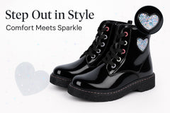 A2Z 4 Kids Girls Teens Ladies School Shoes Black Patent Glitter Heart Ankle Boot