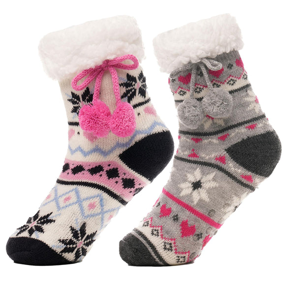 Kids Girls Fluffy Sherpa Fleece Lining Christmas Socks with Non Slip Gripper