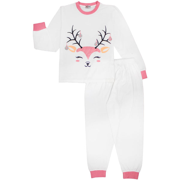 Kids Girls Christmas Pyjamas Reindeer Print White PJS 2 Piece Xmas Lounge Suit