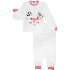 Kids Girls Christmas Pyjamas Reindeer Print White PJS 2 Piece Xmas Lounge Suit