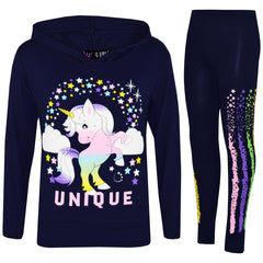 Kids Girls Top Dabbing Unicorn Floss Unique Rainbow Hooded Legging Set Tracksuit