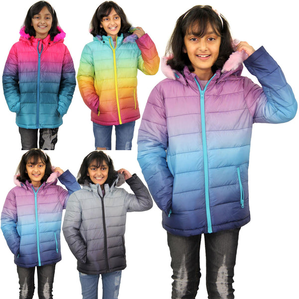 Kids Girls Puffer Jacket Faux Fur Hooded 3D Fade Gradient Padded Thick Warm Coat