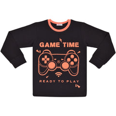Kids Girls Boys Pyjamas Game Time Contrast Top Bottom 2 Piece PJS Sleepwear Set