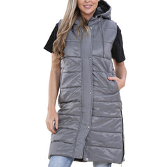 Ladies Sleeveless Gilet Oversized Hooded Quilted Gilet Padded Long Line Coat