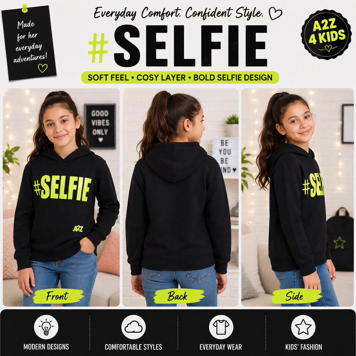 Kids Girls Boys Sweat Shirts Tops #Selfie Hooded Jumpers Hoodies New Age 2-13 Yr