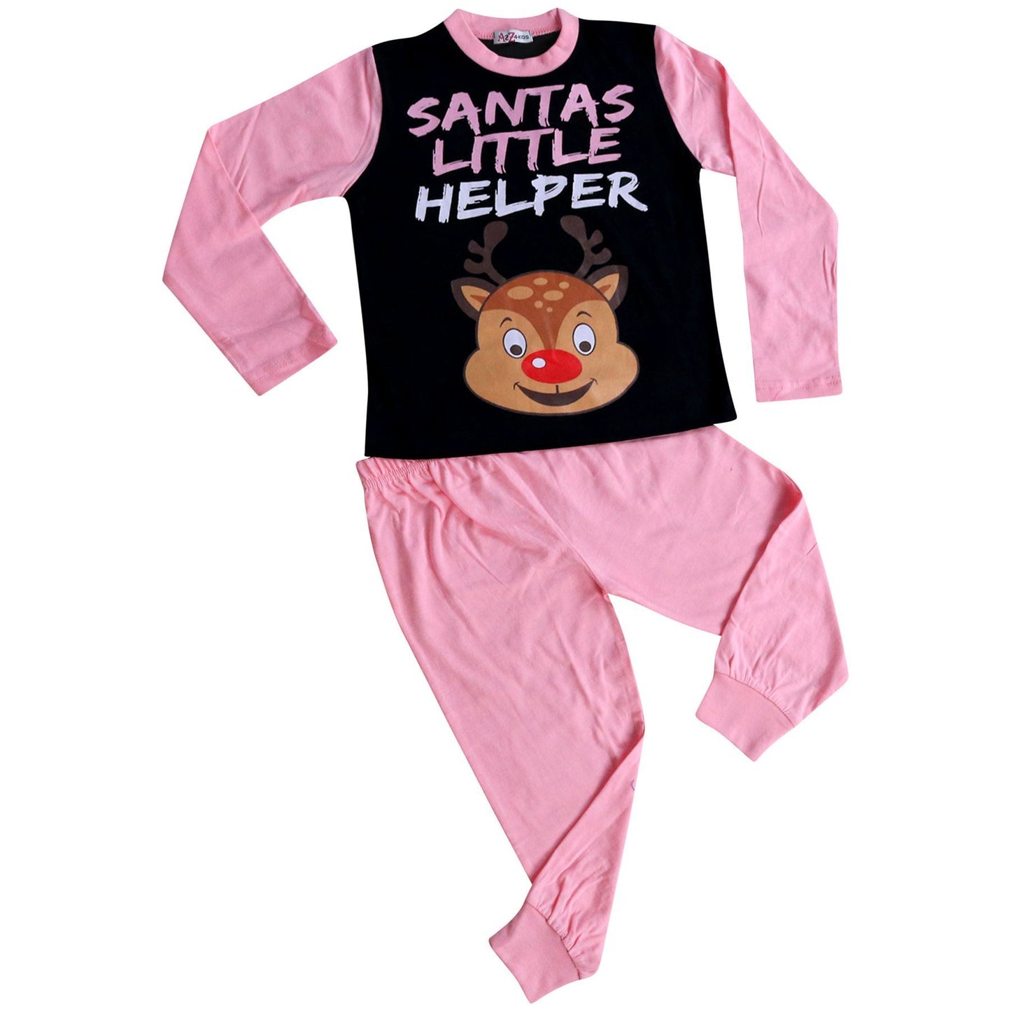 Kids Girls Boys Pyjamas Santas Little Helper Reindeer Contrast Sleeves Xmas PJS