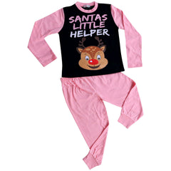 Kids Girls Boys Pyjamas Santas Little Helper Reindeer Contrast Sleeves Xmas PJS
