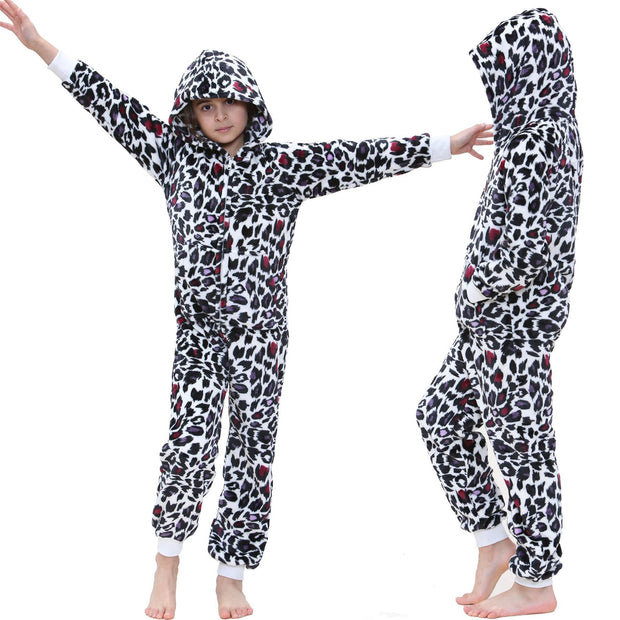 A2Z 4 Kids Girls Onesie Leopard Pyjama Sets Onesie One Piece Hooded All In One