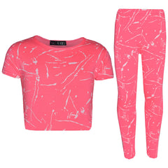 Girls Top Kids Splash Print Stylish Crop Top & Fashion Legging Set Age 7-13 Year