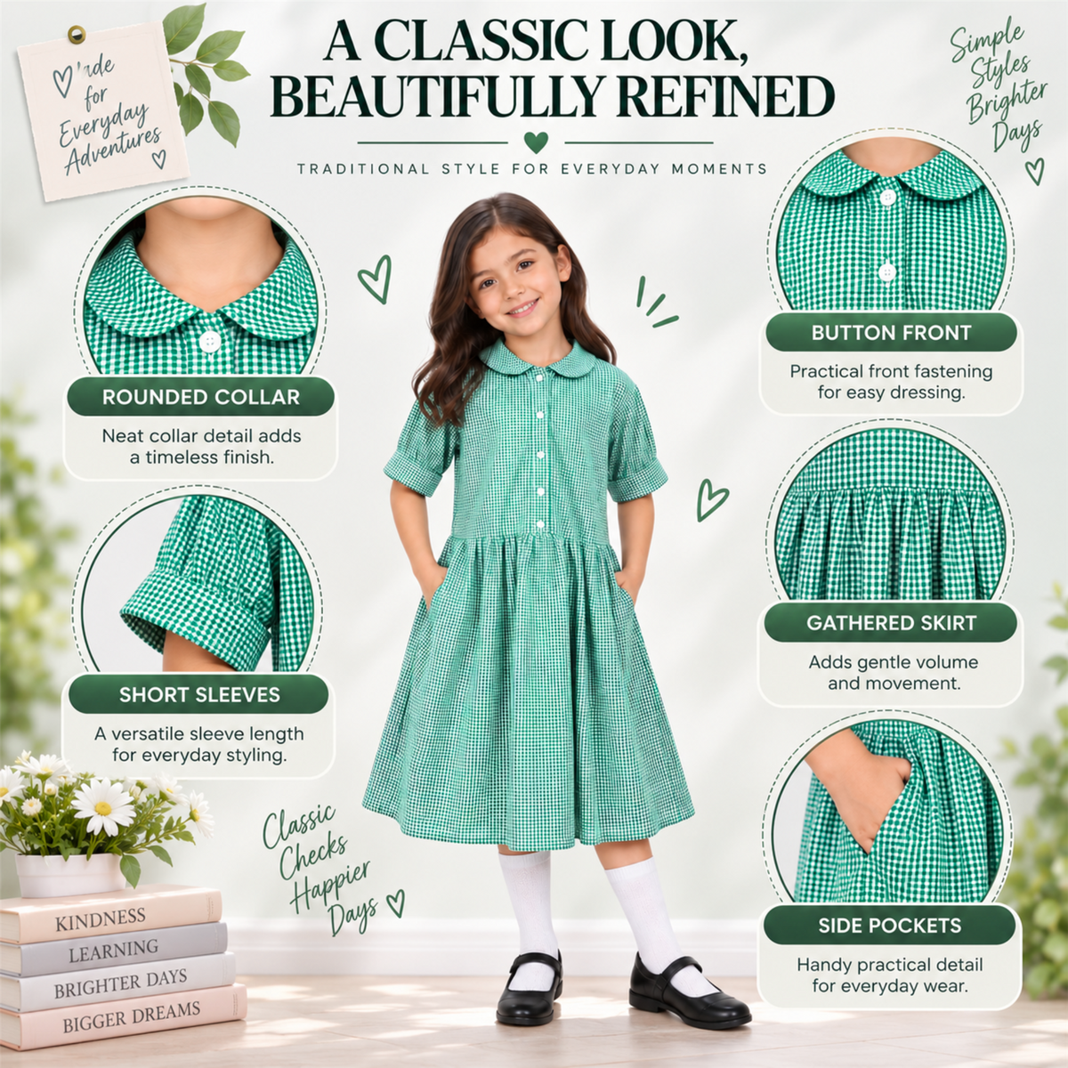 Girls School Gingham Dress Soft Fabric Check Print Front Button Closure Dress
