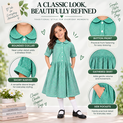 Girls School Gingham Dress Soft Fabric Check Print Front Button Closure Dress