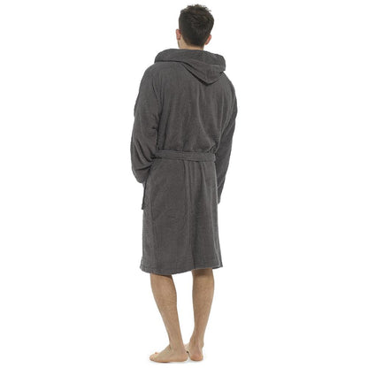 Mens Hooded Towelling Robe Soft Cotton Absorbent Bathrobe with Belt Deep Pockets