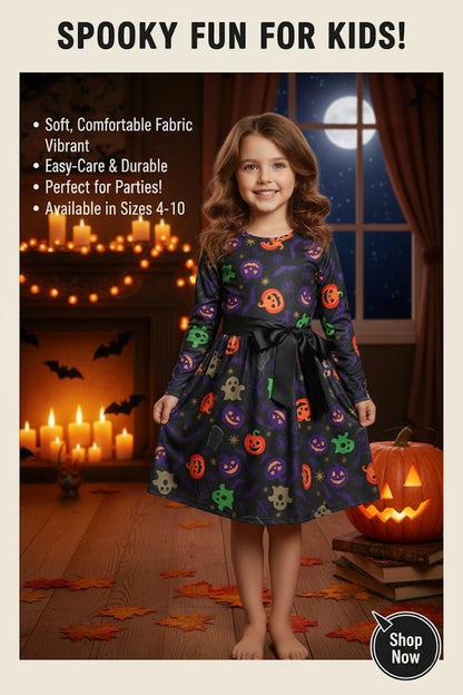 Girls Halloween Swing Dress Ghost Pumpkin Bat Spooky Parties Costume 5-13 Yrs