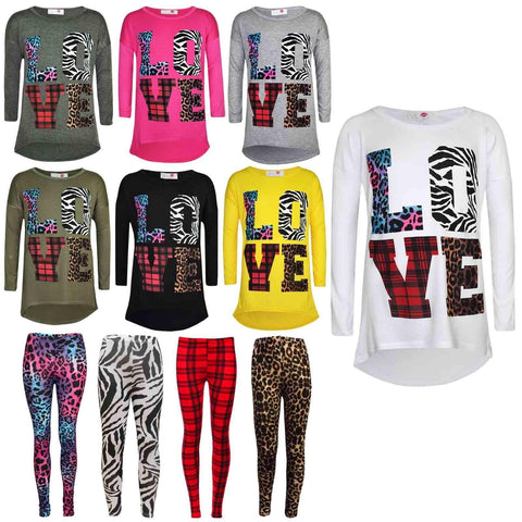 Kids Girls T Shirt LOVE Tartan Zebra Leopard Print Trendy Fashion Top 7-13 Years
