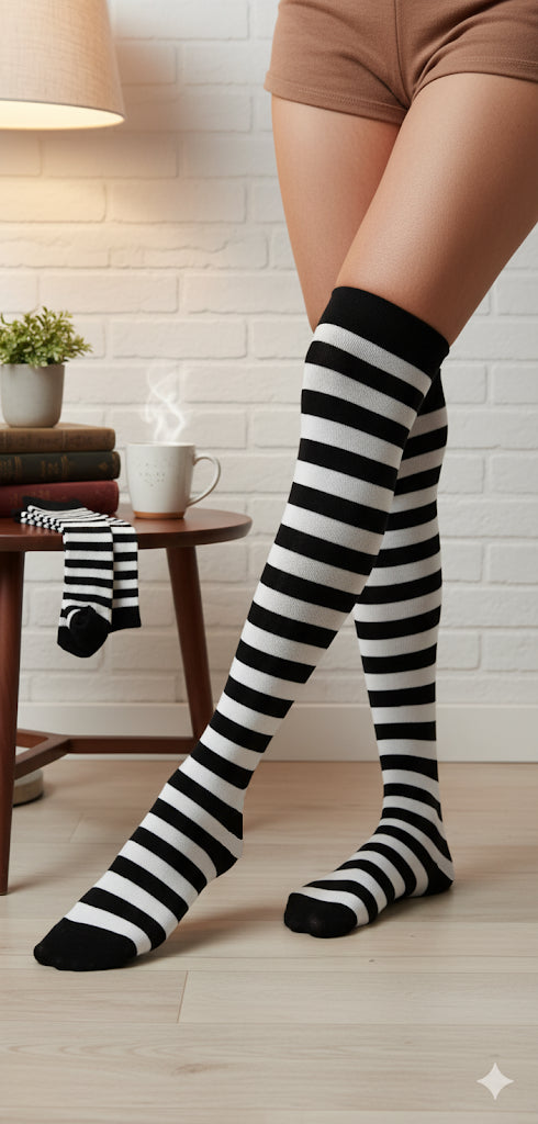 Kids Striped Over Knee Socks Black & White Halloween Witch Clown Fancy Dress