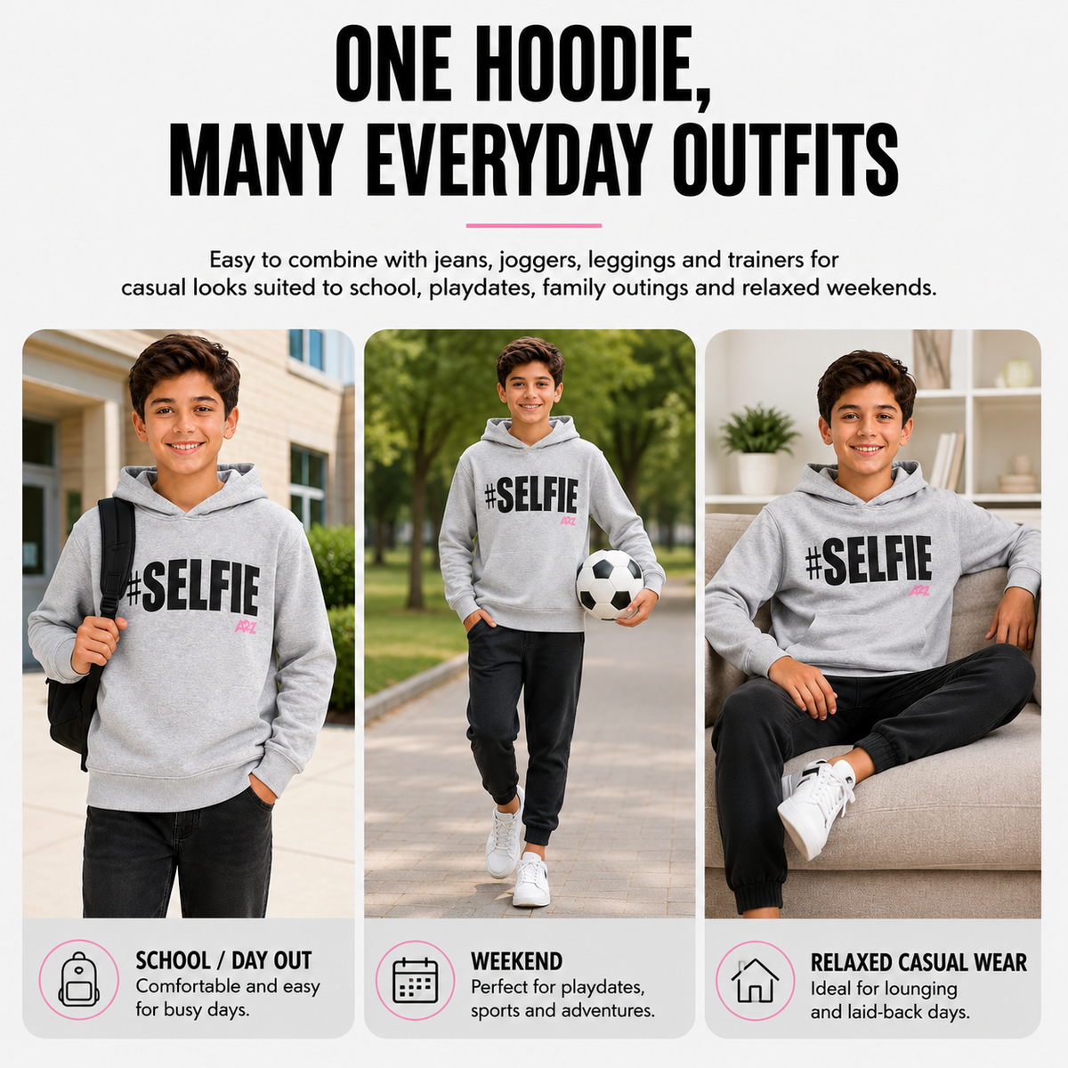 Kids Girls Boys Sweat Shirts Tops #Selfie Hooded Jumpers Hoodies New Age 2-13 Yr