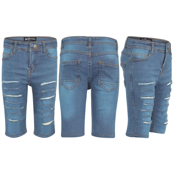 Kids Boys Ripped Denim Shorts Light Blue Comfort Stretch Skinny Pants Trousers