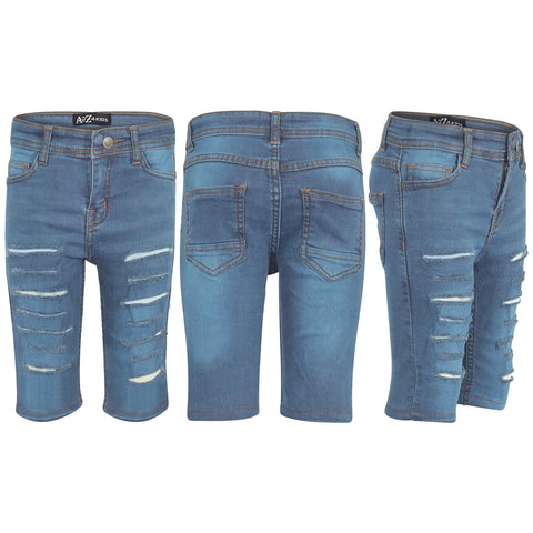 Kids Boys Ripped Denim Shorts Light Blue Comfort Stretch Skinny Pants Trousers