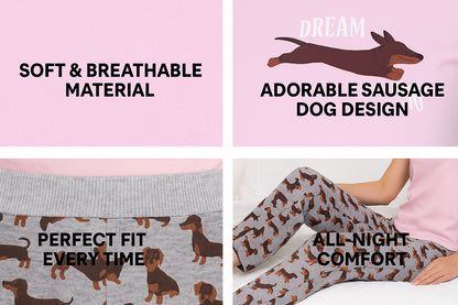 Ladies Sausage Dog Pyjama Set Pink Cotton Top & Grey Sausage Dog Print Bottoms