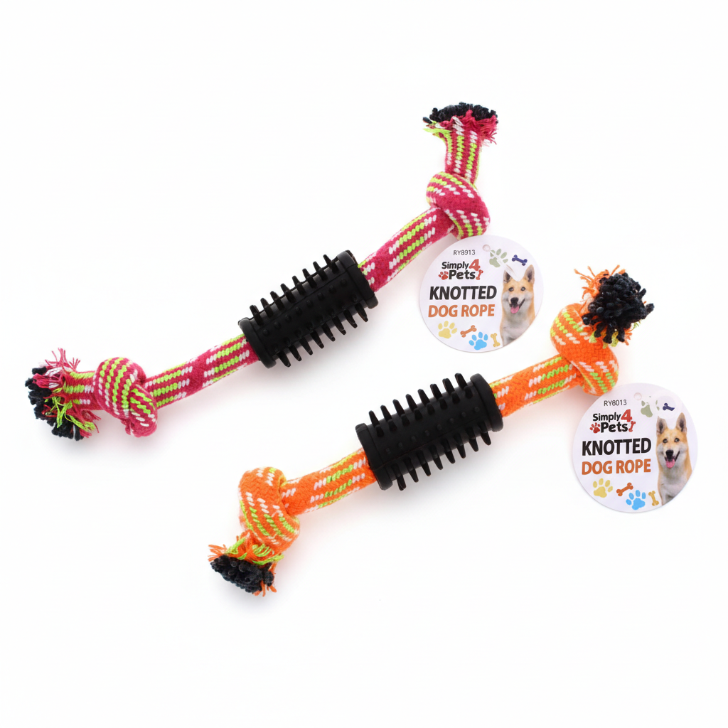 A2Z Knotted Dog Rope Chew Toy With Rubber Grip For Tug And Fetch Play