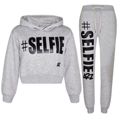 Kids Girls #Selfie Printed Hooded Crop Top & Bottom Jogging Suit