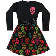 A2Z Kids Girls Skater Dress Long Sleeves Multi Colors Skull Print Soft Comfortable Contrast Panelled Halloween Party Fashion Dresses Age 5-6, 7-8, 9-10, 11-12 & 13 years - A2Z 4 Kids