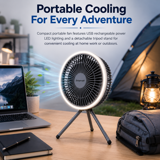 7 Inch USB Desk Fan with LED Light Portable Tripod Stand 3 Speeds Camping Fan