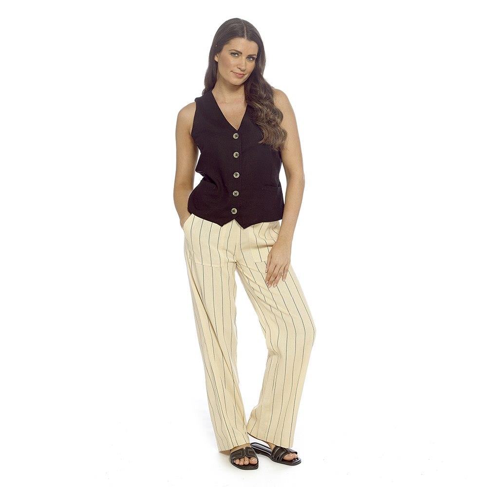 Ladies Linen Blend Elasticated Back Stripe Wide Leg Summer Holiday Trousers
