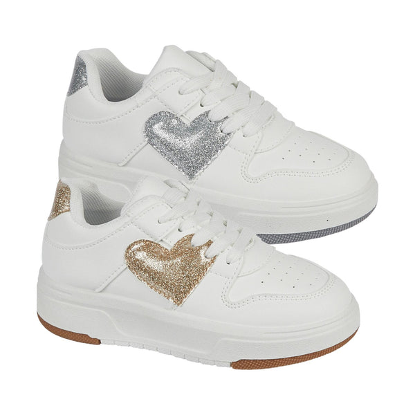 Kids Girls White Sneakers with Glitter Heart Dressy Casual Walking Sports Shoes