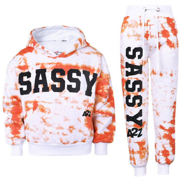 A2Z 4 Kids Girls Tracksuit Designer's Tie Dye Sassy Print Fleece Orange Hooded Crop Top Bottom Jogging Suit Joggers Age 5 6 7 8 9 10 11 12 13 Years