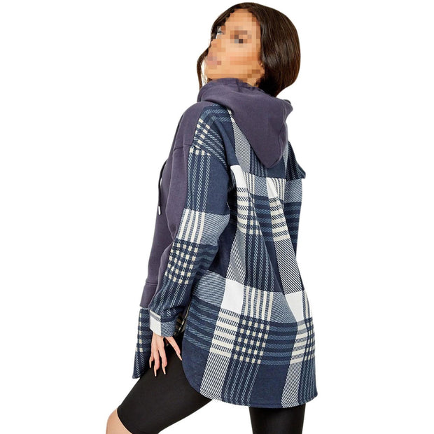Ladies Hooded Shacket Check Print Colour Block Zip Up Shirt Jacket Oversize Coat