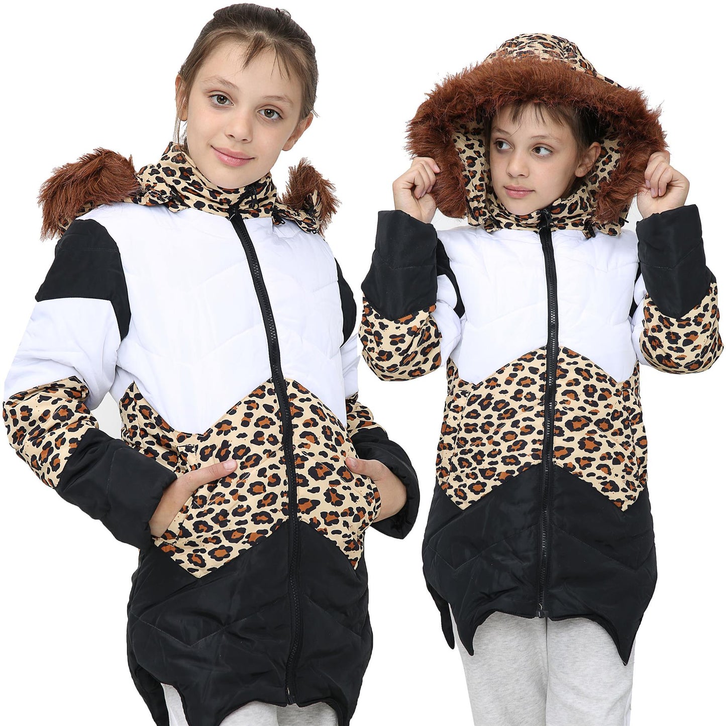 Kids Hooded Contrast Panel Puffer Coat Faux Fur Jacket For Girls 2-13yrs