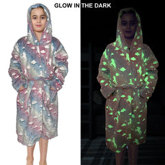 Kids Girls Fleece Glow In The Dark Sherpa Hooded Unicorn Dressing Gown Soft Robe