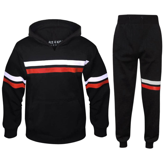 A2Z 4 Kids Girls Boys Tracksuit Designer's Plain Black Contrast With Red & White Stripes Fleece Hooded Hoodie Top Bottom Workout Running Jogging Suit Gymwear Joggers Age 5 6 7 8 9 10 11 12 13 Years