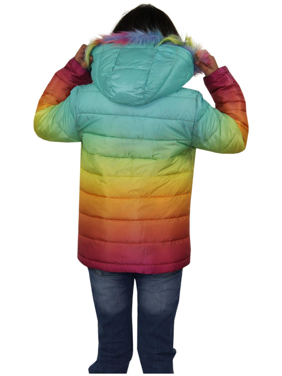 Kids Girls Puffer Jacket Faux Fur Hooded 3D Fade Gradient Padded Thick Warm Coat