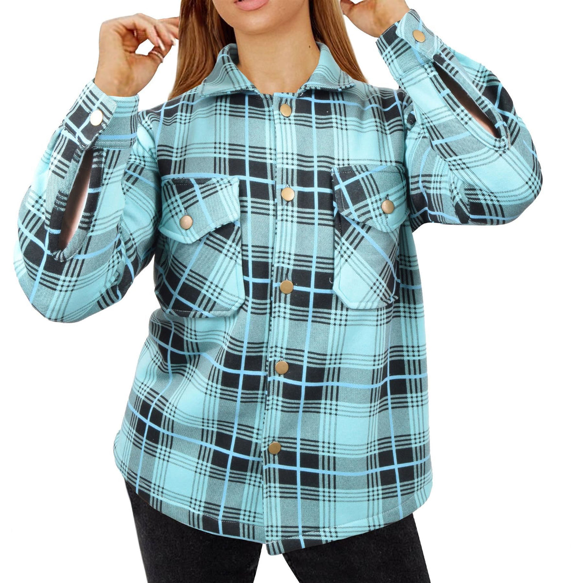 Ladies Shacket Checked Button Down Shirt Jacket Top Oversize Coat For Women