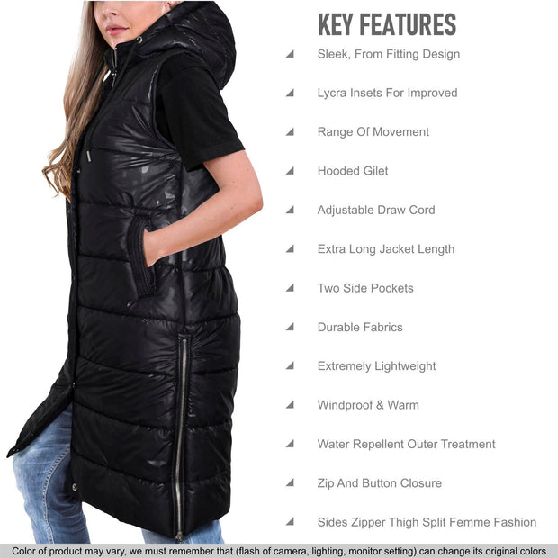Ladies Sleeveless Gilet Oversized Hooded Quilted Gilet Padded Long Line Coat