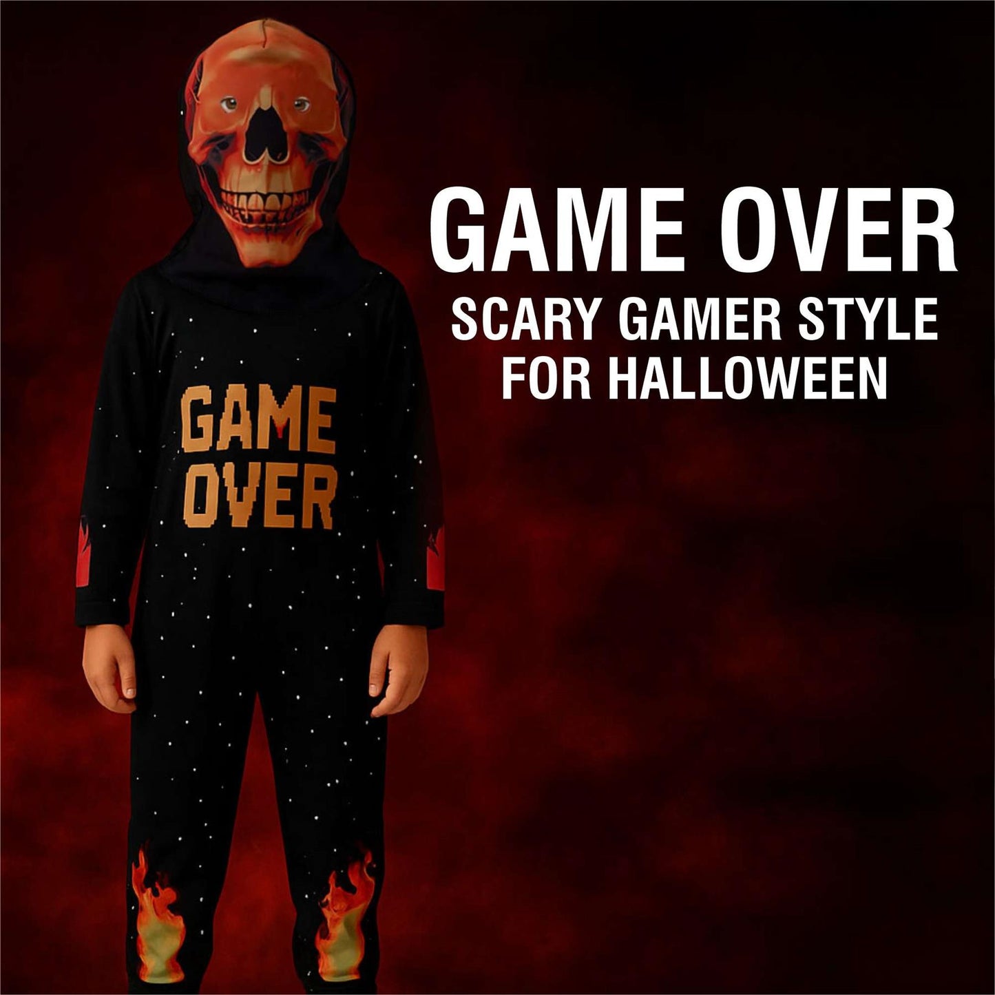 A2Z 4 Kids Game Over Skeleton Costume Halloween Fancy Dress Spooky Gamer Cosplay