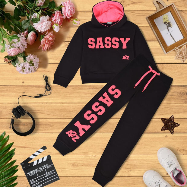 A2Z 4 Kids Girls Tracksuit Sassy Print Fleece Black & Neon Pink Hooded Crop Top Bottom Jogging Suit Joggers Gift For Girls Age 5-6, 7-8, 9-10, 11-12 & 13 Years