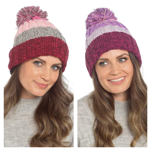 A2Z Womens Twist Yarn Stripe Beanie With Pom Pom And Sherpa Fleece Lining