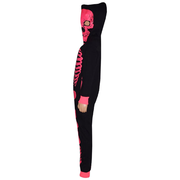 Kids Girls Boys Skeleton Print Pyjama Onesie Neon Pink All In One Halloween Costume - A2Z 4 Kids