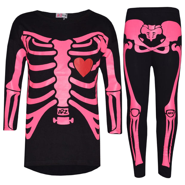 Kids Girls Skeleton Print T Shirt Top & Legging Neon Pink Halloween Costume Set - A2Z 4 Kids