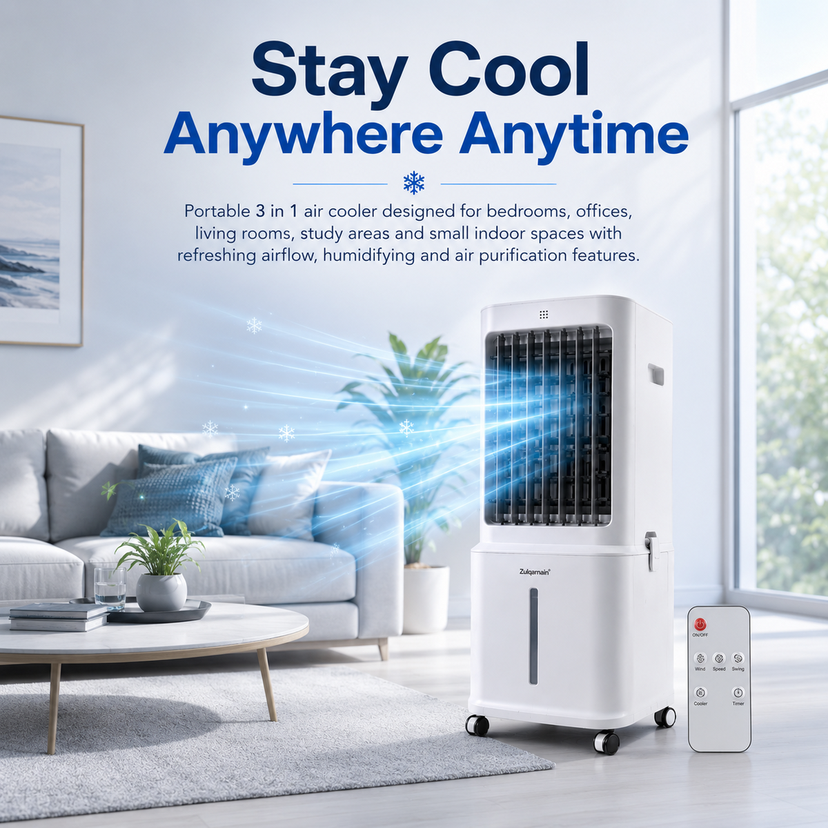 Portable White Air Cooler with Remote Control 3 Speed Settings 80W Easy to Move