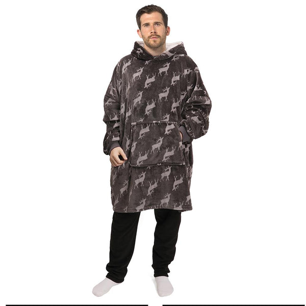 A2Z Mens Oversized Snuggle Hoodie Sherpa Lined Stag Print One Size Grey