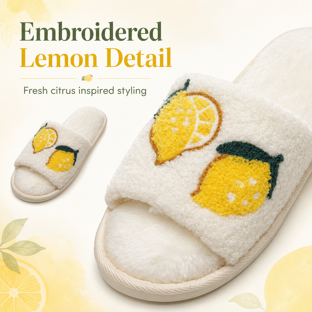 A2Z Ladies Cream Lemon Print Plush Open Toe Slippers Soft Indoor Shoes