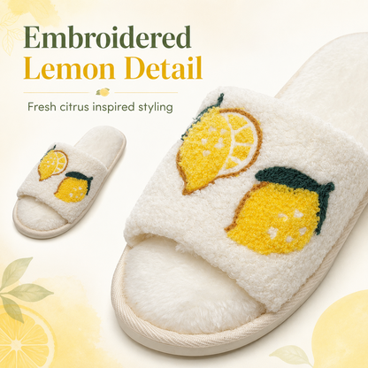 A2Z Ladies Cream Lemon Print Plush Open Toe Slippers Soft Indoor Shoes