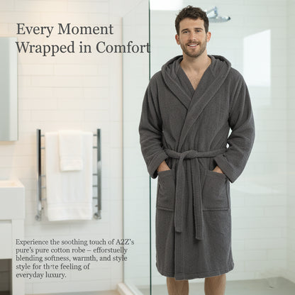 Mens Hooded Towelling Robe Soft Cotton Absorbent Bathrobe with Belt Deep Pockets