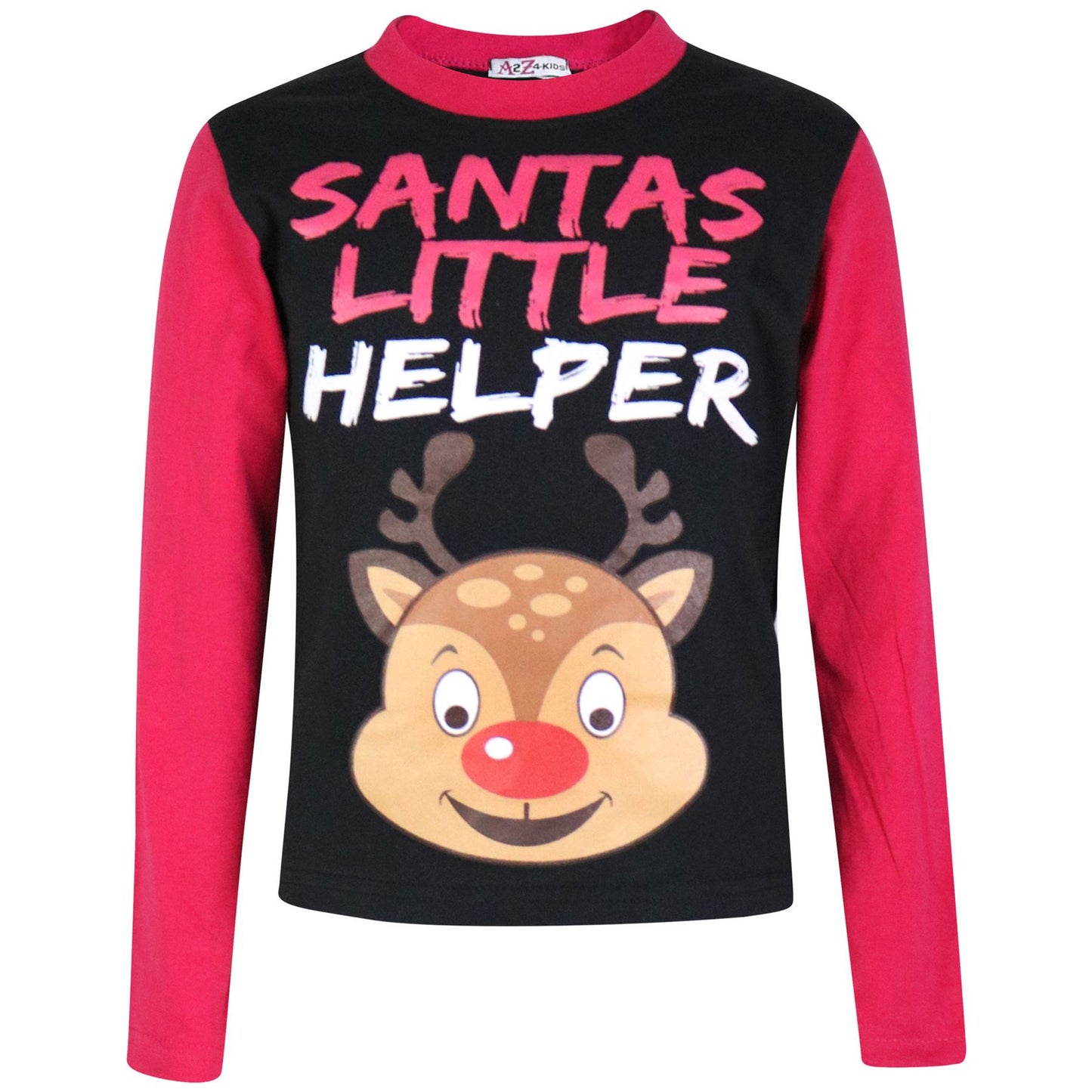 Kids Girls Boys Pyjamas Santas Little Helper Reindeer Contrast Sleeves Xmas PJS