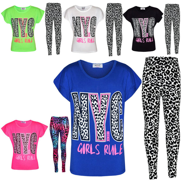 Kids Girls NYC GIRLS RULE Printed Trendy Top & Fashion Legging Set 7-13 Years