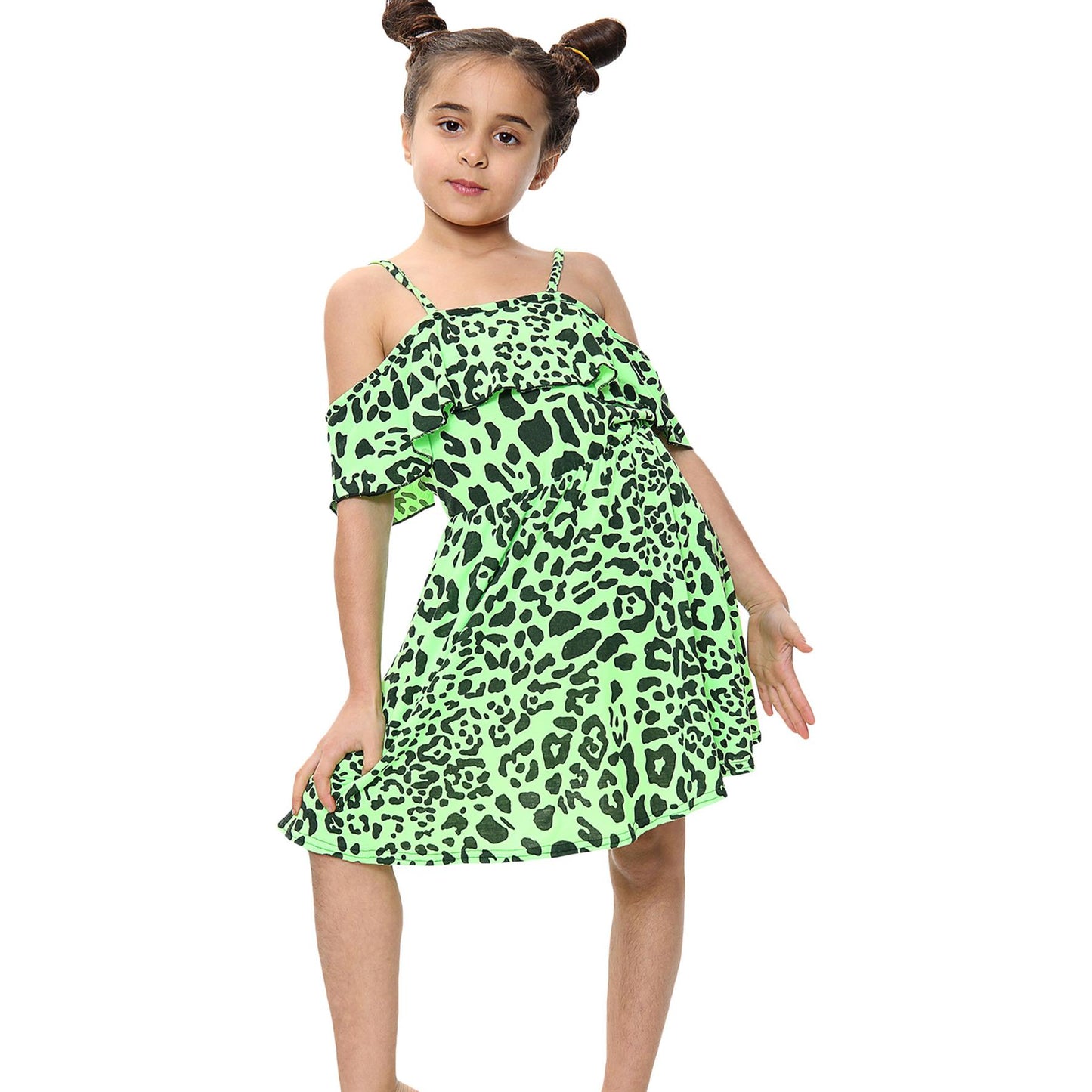Kids Girls Skater Dress Leopard Print Summer Party Off Shoulder Dress 5-13 Years